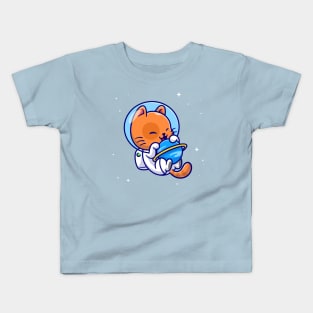 Cute Cat Astronaut Hug Planet In Space Cartoon Kids T-Shirt